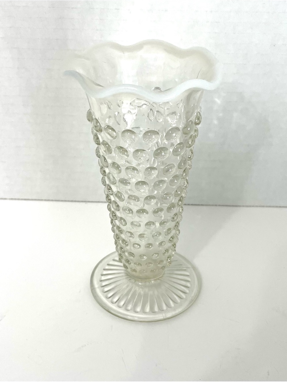 Vintage (1940s) Anchor Hocking, Moonstone Opalescent Hobnail Vase 5.5”